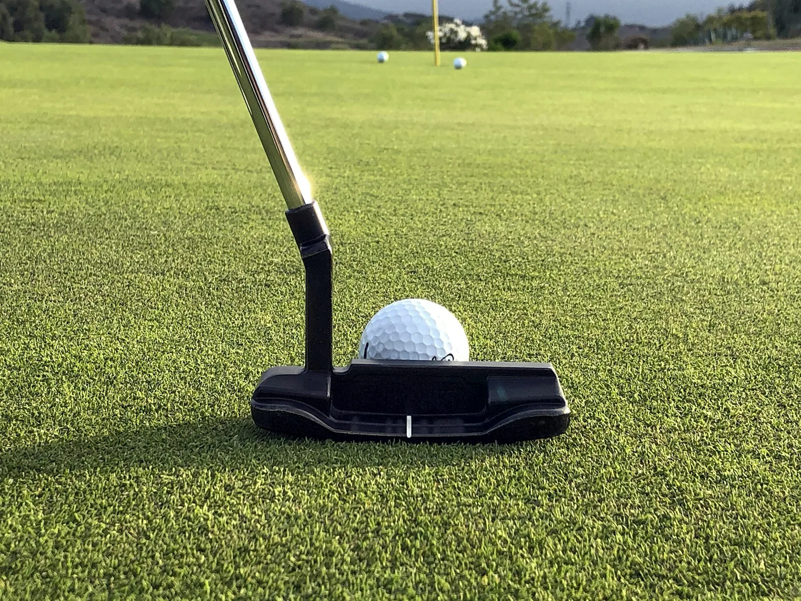 A synthetic putting green with a golf ball resting near the cup.